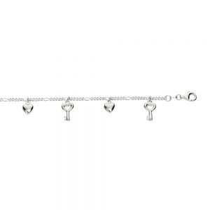 charm anklet with keys & hearts in sterling silver